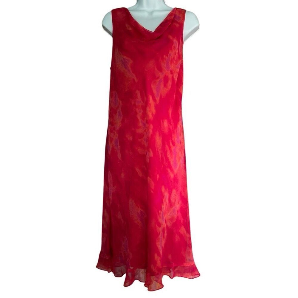 Vintage 80s Plaza South Red Watercolor Midi Slip Dress 14
